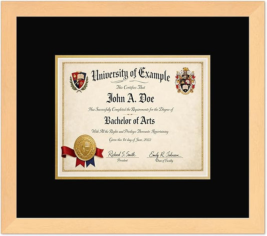 CountryArtHouse Diploma Frame Fits 10 x 8 Professional License - Keepsake Graduation Display Natural Wood Genuine Hardwood with Black Over Metallic Gold Double mat