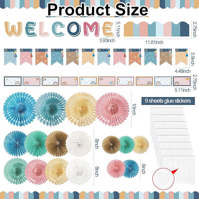 Qilery Welcome Bulletin Board Sets Welcome Back Classroom Decorations Bulletin Board Nameplate Cutout Paper Fans Banner for Back to School Chalkboard Wall Decor(Macaron)