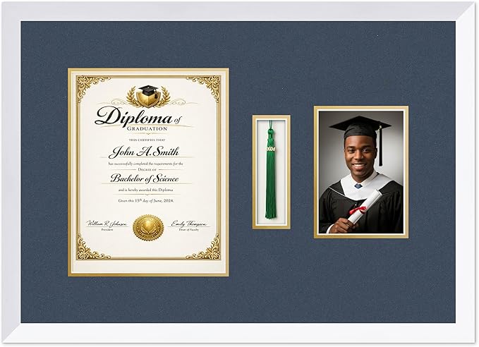 CountryArtHouse Diploma Tassel and Photo Shadowbox Fits 8.5 x 11 Certificate (Portrait) with Tassel Hook Bright White Genuine Hardwood with Navy Blue Over Metallic Gold Double mat
