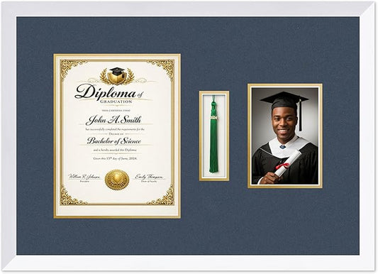 CountryArtHouse Diploma Tassel and Photo Shadowbox Fits 8.5 x 11 Certificate (Portrait) with Tassel Hook Bright White Genuine Hardwood with Navy Blue Over Metallic Gold Double mat
