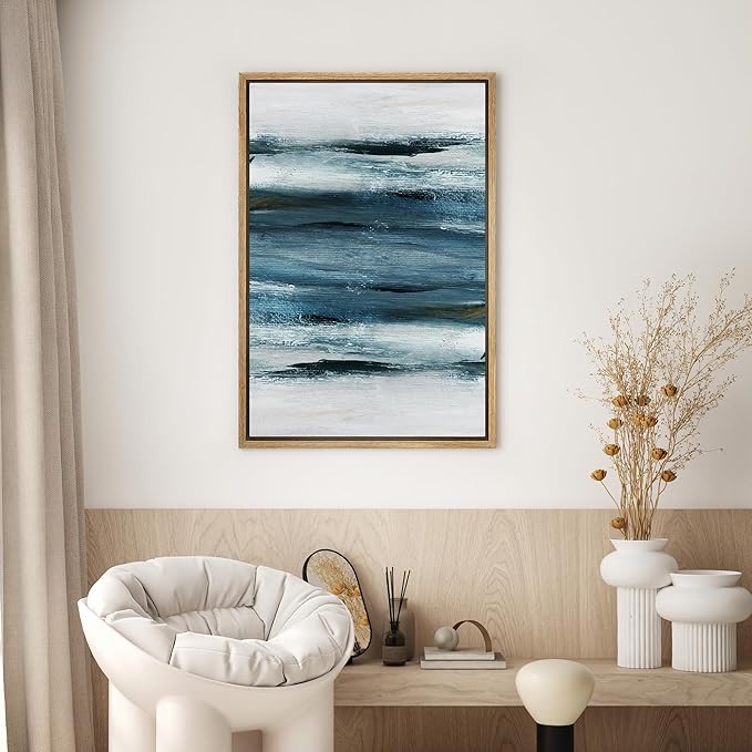 SIGNWIN Framed Canvas Wall Art Whitewash Horizontal Lines Abstract Brushstroke Canvas Prints Home Artwork Decoration for Living Room,Bedroom - 24x36 inches