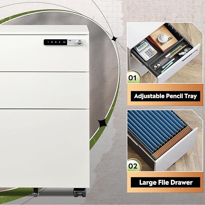 DEVAISE 3 Drawer File Cabinet with Combination Lock，Fully Assembled Metal Filling Cabinet Except Wheels, Mobile Under Desk File Cabinets for Home Office, White