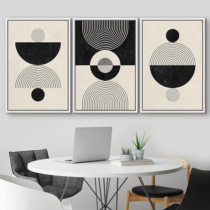 IDEA4WALL Framed Canvas Print Wall Art Set Geometric Black Tan Stripe Polygon Landscape Abstract Shapes Illustrations Modern Art Decorative Nordic for Living Room, Bedroom, Office - 16"x24"x3 White
