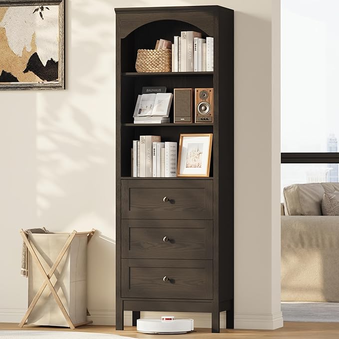 71" H Tall Bookshelf with Drawers, Farmhouse Book Shelf with 3-Tier Open Shelves, Wooden Bookcase with Storage Drawers, Freestanding Bookshelves for Bedroom, Living Room, Black