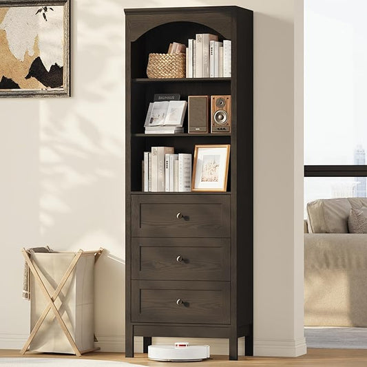 71" H Tall Bookshelf with Drawers, Farmhouse Book Shelf with 3-Tier Open Shelves, Wooden Bookcase with Storage Drawers, Freestanding Bookshelves for Bedroom, Living Room, Black