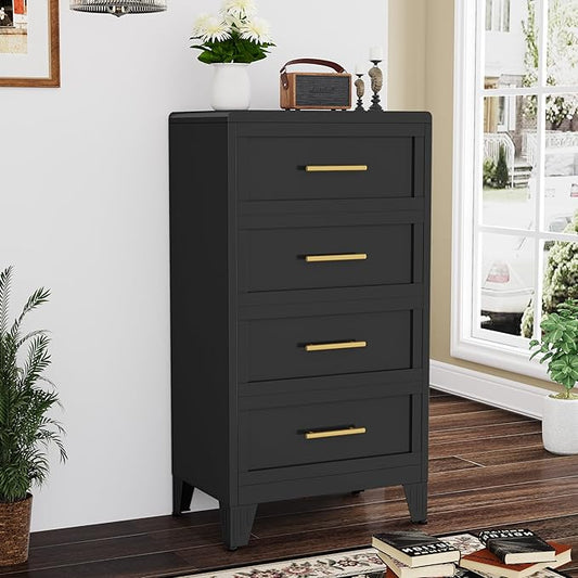 44.45" Tall Dresser for Bedroom 4 Drawers, Metal Dresser Chest of Drawers, Circular Drawer Cabinet for Home,Filing Cabinet with Drawers for Office (White)