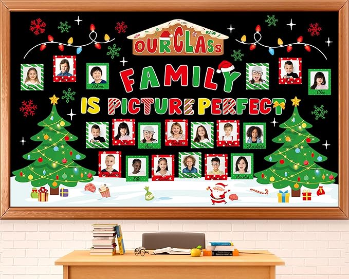 gisgfim Christmas Bulletin Board Decorations Set Xmas Our Class is Family Picture Frame Paper Cutouts Merry Christmas Tree Photo Name Tag Bulletin Board Decor for Winter Holiday School Chalkboard Wall