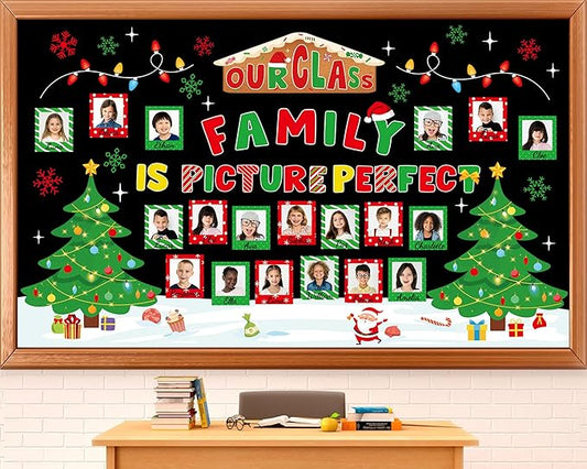 gisgfim Christmas Bulletin Board Decorations Set Xmas Our Class is Family Picture Frame Paper Cutouts Merry Christmas Tree Photo Name Tag Bulletin Board Decor for Winter Holiday School Chalkboard Wall