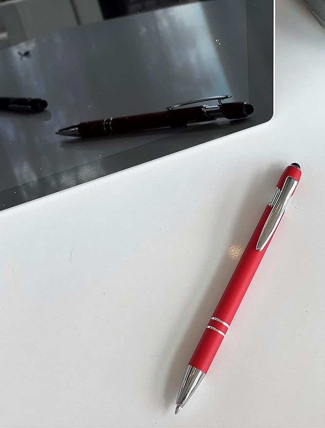 Pack of 5 Rubberized Comfort Soft Touch 2 in 1 Ballpoint Pen Capacitive Stylus Tip, Premium Metal Medium Point, Black Ink, Compatible with Most Touch Screens (Red)