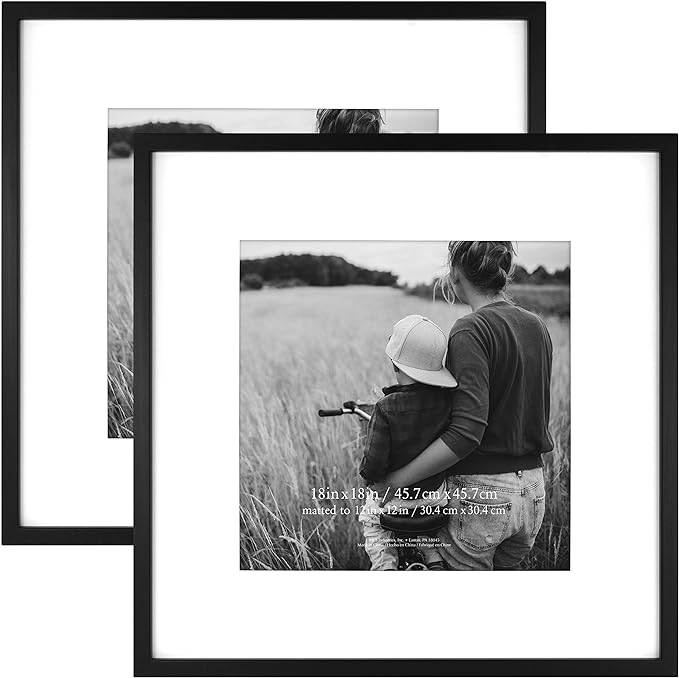 MCS East Village 18x18 Matted Square Picture Frame with 12x12 Photo Display, Black Wall Hanging Frame for Photos & Posters (2-Pack)