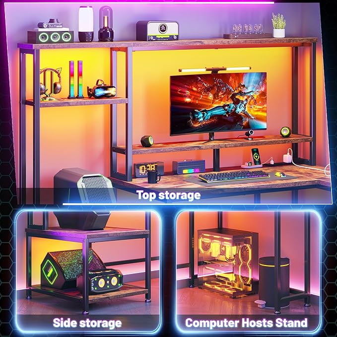 Computer Desk with LED Lights & Outlets,55" L Shaped Gaming Desk with Shelves & Storage Hutch,Reversible Corner Gaming Table with Printer Space & Monitor Stand for Home Office,Rustic Brown