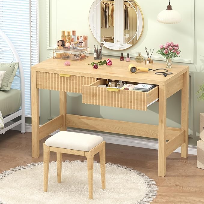 Fluted Computer Desk with 2 Drawers, 39 Inch Small Computer Desk with Storage, Compact Writing Study Desk for Small Spaces