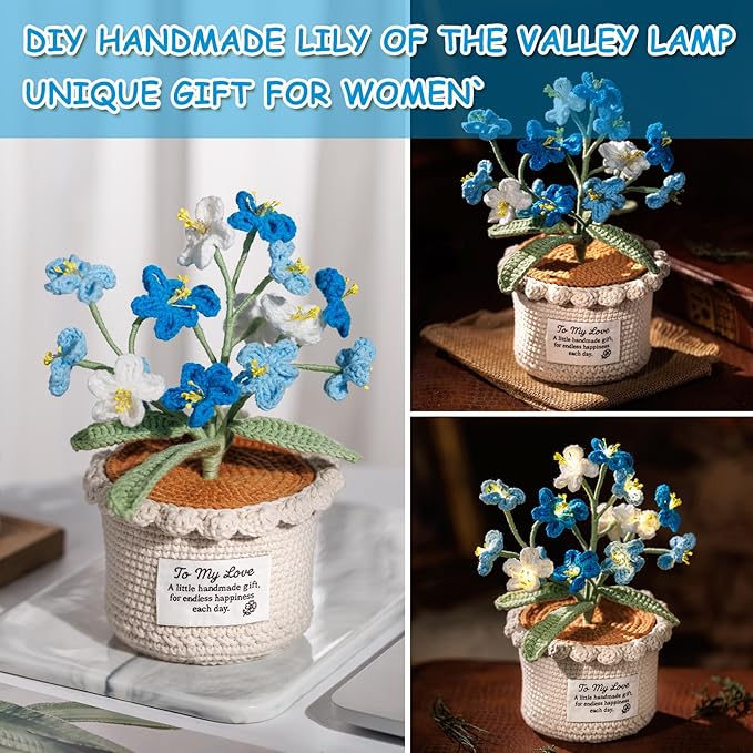 Forget Me Not Flower Lamp - Blue Crochet Artificial Flowers with Night Light, Cordless Table Lamp, Cozy Home Decor Crochet Gifts