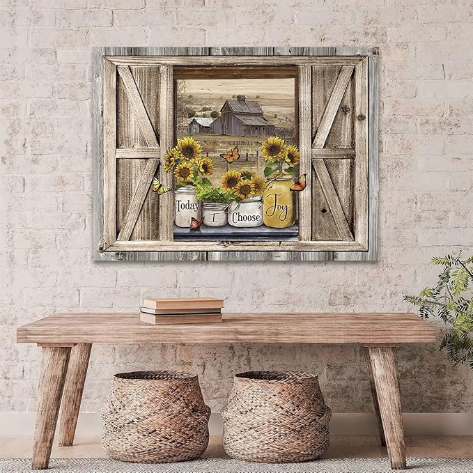 Parylore Sunflower Wall Art Canvas Print Rustic Wall Decor Faux Barn Doors Sunflower Jars On Barn Painting Picture Framed Modern Farmhouse Artwork for Living Room Bathroom Office Home Decor 16x20 In