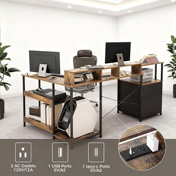 GTPLAYER 73" L Shaped Gaming Desk, Reversible Computer Desk with Power Outlets & LED Lights, Home Office Corner Desk with Storage Shelves, Monitor Stand, and Tower Space, Rustic Brown
