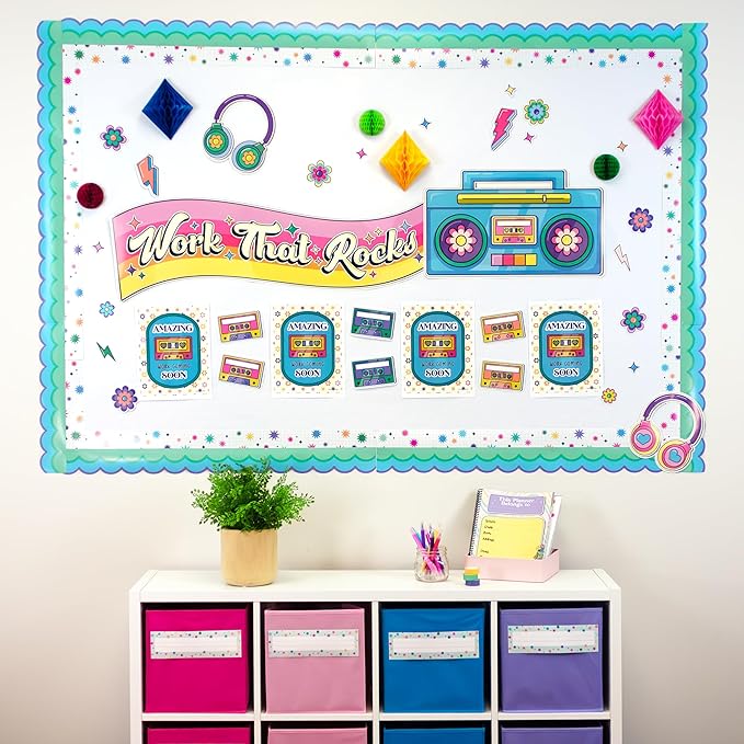 Happily Ever Elementary Retro Remix 79-Piece Work That Rocks Motivational Bulletin Board Set, Boombox, Cassette Tapes, Headphone, Flowers and More Groovy Bulletin Board Decorations for Classroom Decor