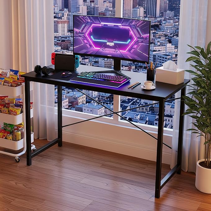 OLIXIS 40 Inch Computer Office Desk for Small Spaces, Writing Gaming Work Desk Modern Study Table with Storage Bag & Headphone Hook Home Bedroom, Black