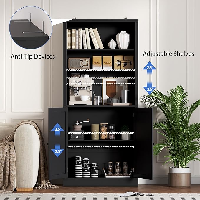 70.1" Tall Bookshelf with Cabinet, 5-Tier Floor Standing Bookcase with Doors & Adjustable Shelves, 31.5" Wide Storage Shelf, Metal Handles, Modern Organizer for Home Office, Living Room