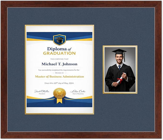Diploma Frame With Photo Opening Rustic Walnut Navy Blue Over Gold Mat - Fits 10 x 13 Degree and Picture Made in the USA