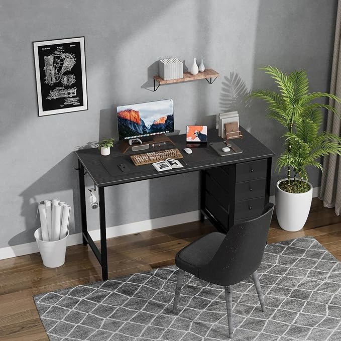 Lufeiya Small Gaming Desk with 4 Fabric Drawers, 47 Inch Kids Girls Teen Cute Study Desk for Bedroom, Reversible Work Computer Writing Table Desks for Small Space Home Office, Black