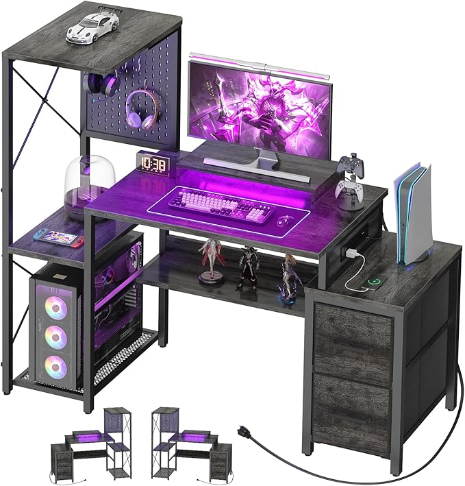 Small Gaming Desk with 2 Fabric Drawers - Reversible Computer Desk with Power Outlet & LED Lights, 49" Office Desk with Monitor Stand & Storage Shelves, Writing Study Table with Pegboard, Grey Oak