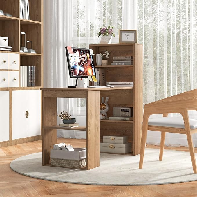 Giantex 48 Inch Computer Desk with Bookshelf, 3-in-1 Home Office Desk with 4-Tier Bookcase & CPU Stand, Space-Saving Reversible Writing Desk Work Table for Bedroom, Study Room, Office (Natural)