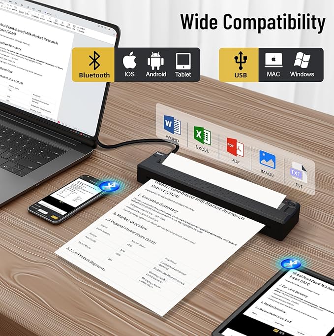 Bagana Portable Printers Wireless for Travel, Bluetooth Thermal Small Printer Supports 8.5" x 11" US Letter & A4 Size, Inkless Mobile Compact Printer for Phone&Laptop for Home Office School