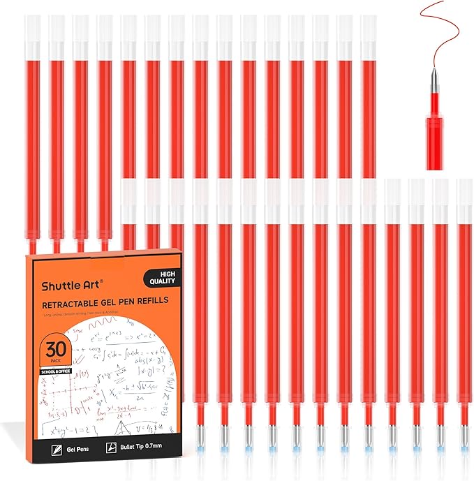 Retractable Gel Pen Refills, Shuttle Art 30 Pack Red Rollerball Gel Ink Pens Refills, Bulk Set, 0.7mm Fine Point for Writing Journaling Taking Notes School Office Home
