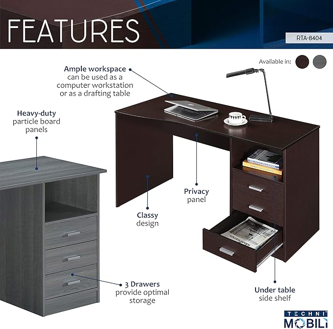 51" Classic Computer Desk with Drawers, 3-Drawer Home Office Desk with Storage, Grey
