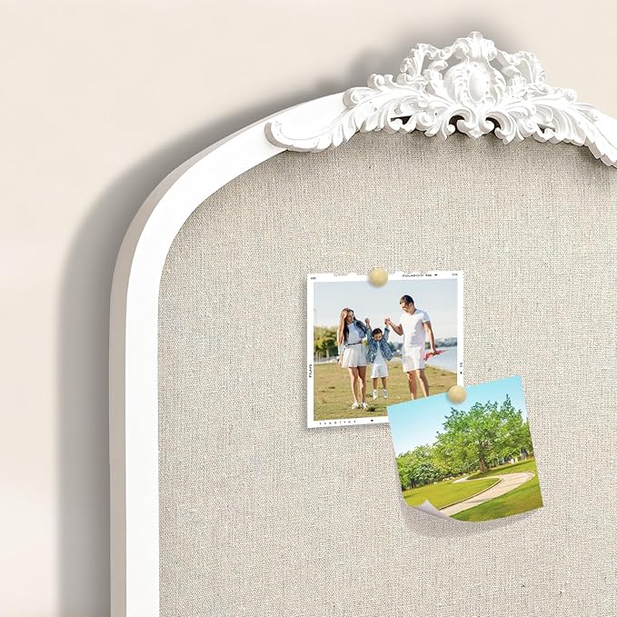 Bulletin Board with Linen, Vintage Arch Framed Pin Board – 19 x 31 White Cork Board for Walls, White Pine Wood Frame, Fabric Pinboard, Vision Board for School, Home & Office