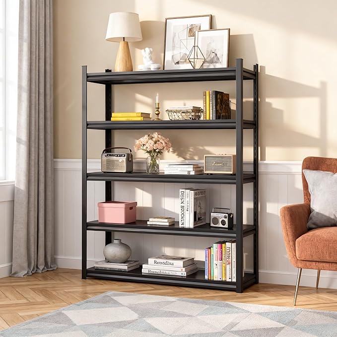 36" W*72" H Book Shelf，5 Tier Metal Wide Bookshelf，Heavy Duty Book Shelfs，Adjustable Shelving Unit，Tall Bookcase，Industrial Bookshelf for Living Room，Bedroom，Office and Library