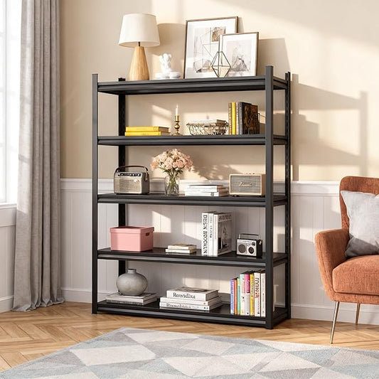 36" W*72" H Book Shelf，5 Tier Metal Wide Bookshelf，Heavy Duty Book Shelfs，Adjustable Shelving Unit，Tall Bookcase，Industrial Bookshelf for Living Room，Bedroom，Office and Library
