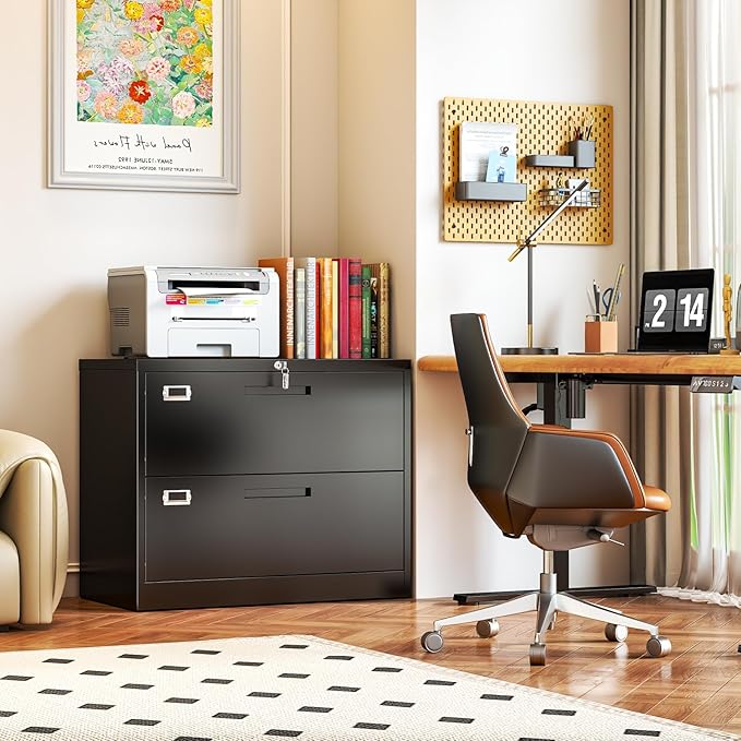 2 Drawer Locking Lateral File Cabinet, Wide&Deep Black Metal Filing Cabinet for Letter/Legal/A4/F4 Files, Includes Card Holder and Hanging Folders for Home Office, School, Business