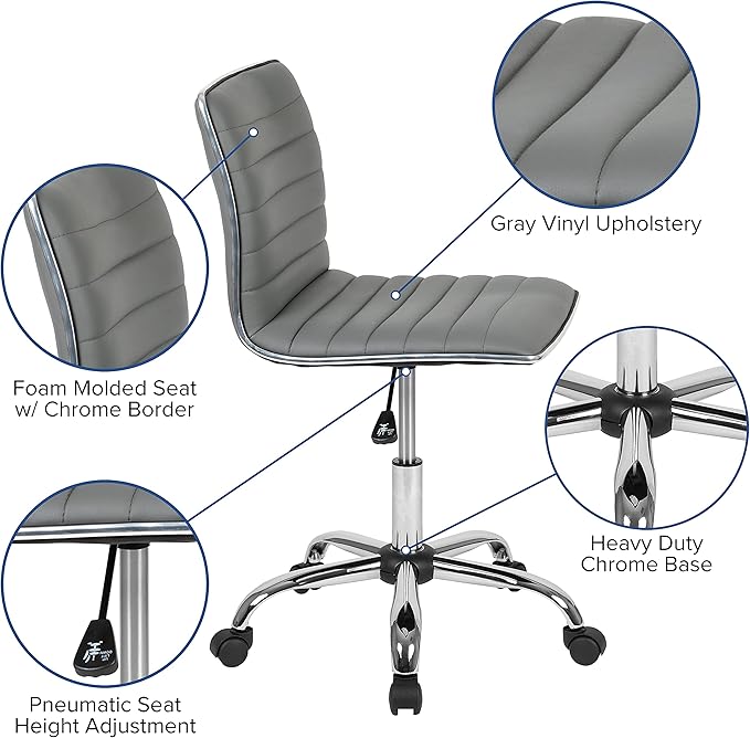Flash Furniture Alan Low Back Designer Armless Light Gray Ribbed Swivel Task Office Chair