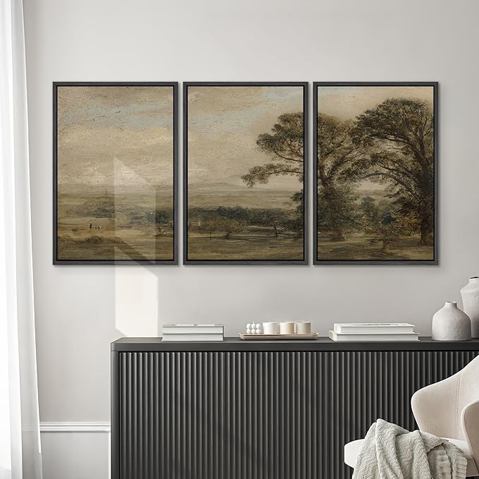 SIGNWIN Framed Canvas Print Wall Art Set Vintage Countryside Landscape Classic Pastoral Scenery Illustrations Modern Art Decorative Abstract for Living Room, Bedroom, Office - 16"x24"x3 Black