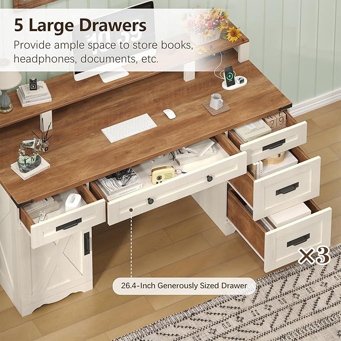 Farmhouse Executive Desk with Drawers & Storage Shelves, 55" Computer Desk with Power Outlets, Home Office Desk with Monitor Stand & File Drawers, Writing Study Table, Antique White
