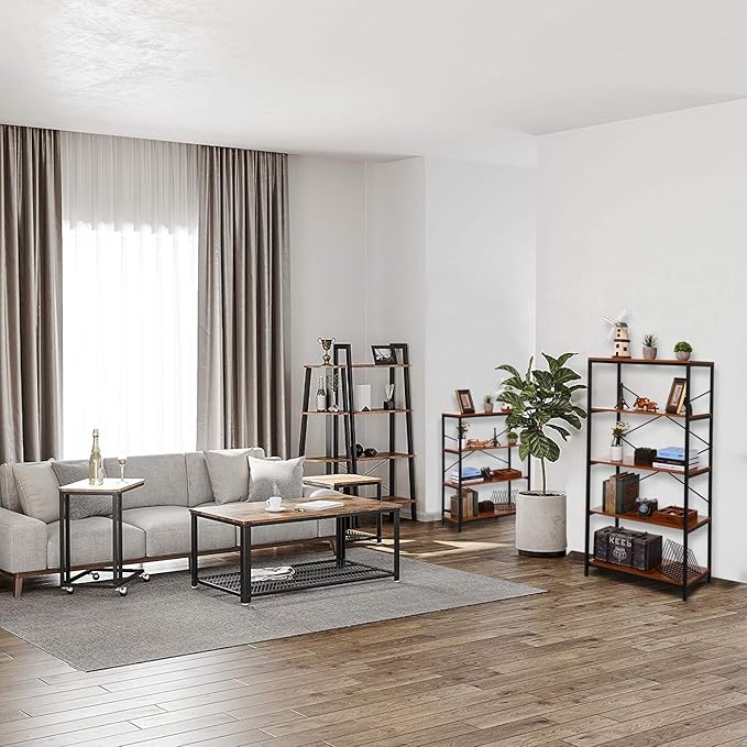 BATHWA Bookshelf, 5-Tier Industrial Bookshelves, Wood and Metal Bookcase, Free Standing Storage Vintage Bookshelf for Living Room, Bedroom and Home Office, Rustic Brown