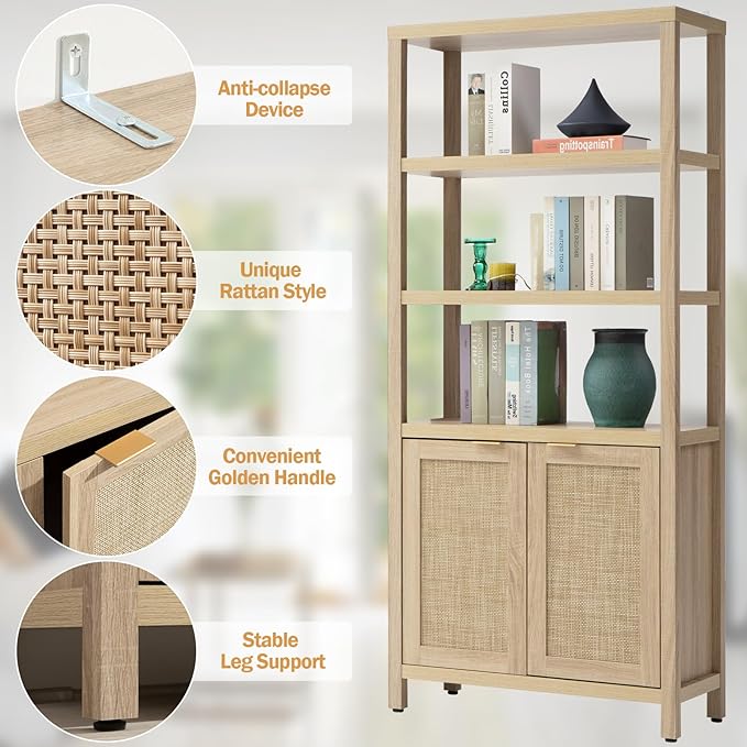 SICOTAS Bookshelf 5 Tier Book Shelf Rattan Boho 71" Tall Bookcase with Doors Storage Shelves Large Bookshelves Farmhouse Bookcases Library Book Case for Living Room Bedroom Home Office Kitchen