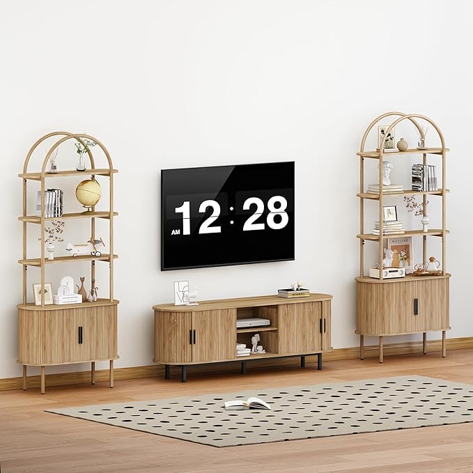Turtle&Myrtle Tall Arched Bookshelf, Mid Century Modern Fluted Bookcase Cabinet with Sliding Doors, Curved Metal Frame Bookcase, Industrial Storage Display Shelving for Living Room, Bedroom (Natural)