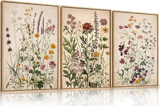Vintage Wildflower Watercolor Framed Canvas Wall Art Set, Retro Flower Botanical Wall Decor, Colorful Floral Wall Painting, Flower Illustration Art Prints for Living Room, Bedroom 16"x24"x3