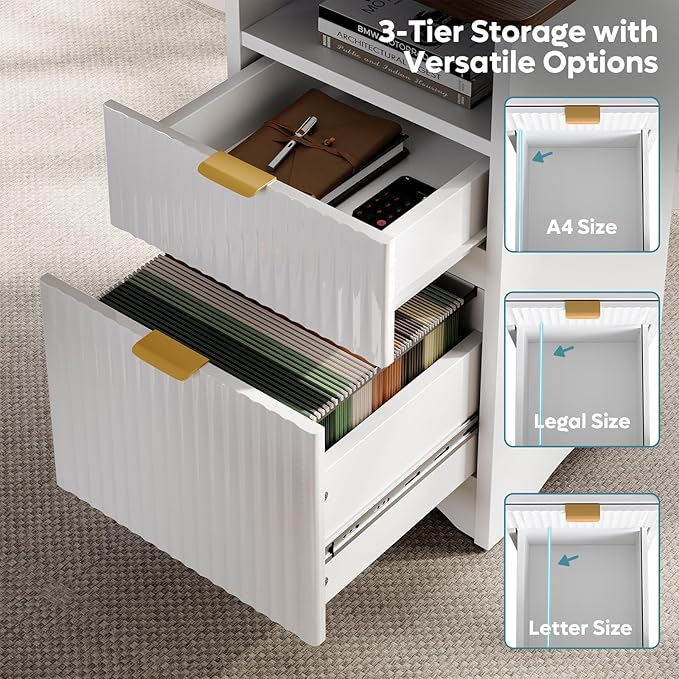 Bestier L Shaped Desk with File Drawer, 55.7" x 55" Office Computer Desk with Round Corners, Modern Desk with Monitor Stand & Fluted Panels for Home Office, White & Walnut