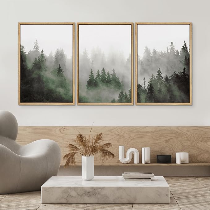 SIGNWIN Framed Canvas Print Wall Art Woodland Nursery Decor Set Fog & Mist Over Green Pine Tree Forest Nature Wilderness Modern Art Chic Landscape for Living Room, Bedroom, Office - 24"x36"x3 Natural
