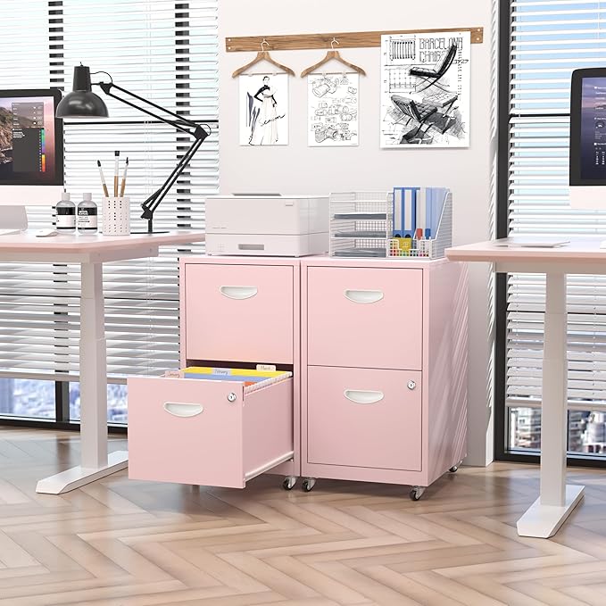 2 Drawer Mobile File Cabinet with Lock, Pink Metal Filing Cabinets with Wheels, Vertical Rolling File Cabinet Fit Hanging Files, Letter and A4 Documents