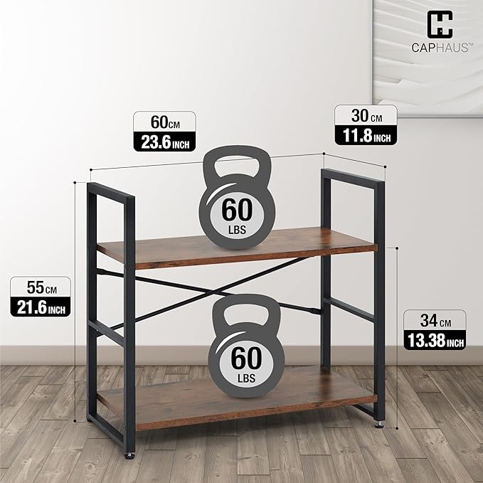 CAPHAUS 2 Tier Small Bookshelf, 24 Inch Width Free Standing Shelf, Industrial Book Shelves for Home Office, Bookcase Shelf Storage Organizer for Living Room, Rustic Oak Vintage Shelves & Metal Frame