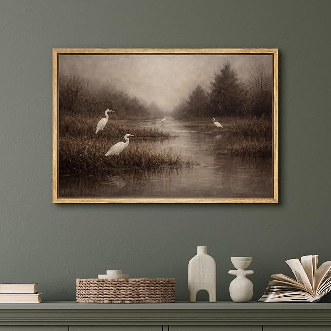 SIGNFORD Framed Canvas Print Wall Art Heron Shadow in Misty Marsh Illustration Minimalism Decorative Colorful Mid-Century for Living Room, Bedroom, Office - 24"x36" NATURAL