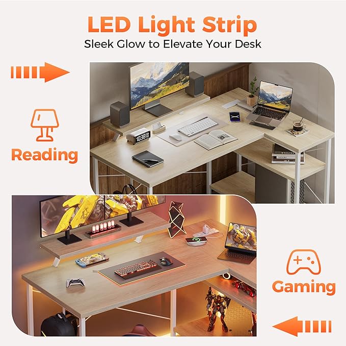 Mericonia Small L Shaped Computer Desk with Power Outlets, Reversible Gaming Desk with Storage Shelves & Monitor Stand, Corner Gamer Desk Table, Study Writing Table
