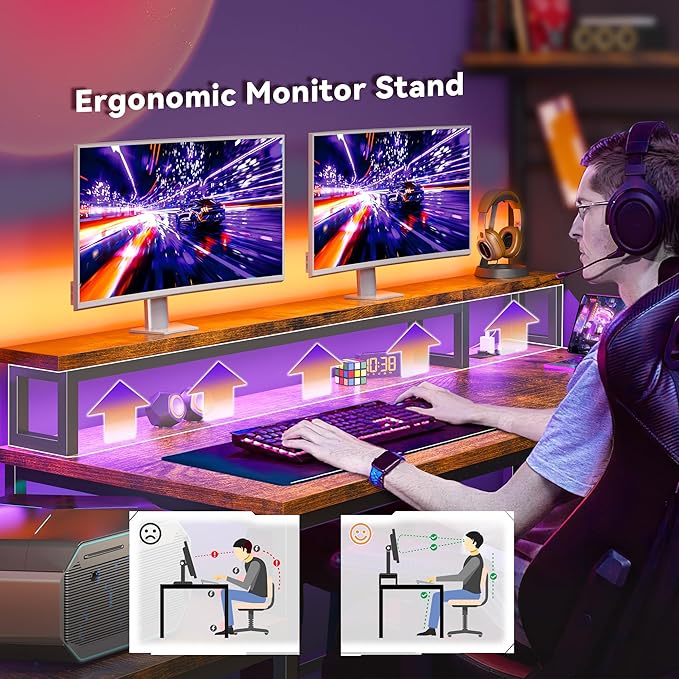 EnHomee 56" Medium L Shaped Gaming Desk with LED & Power Outlets,Computer Desk with Monitor Stand & Print Stand for Home Office,Reversible Corner Gaming Table with Storage Shelf & Hooks,Rustic Brown