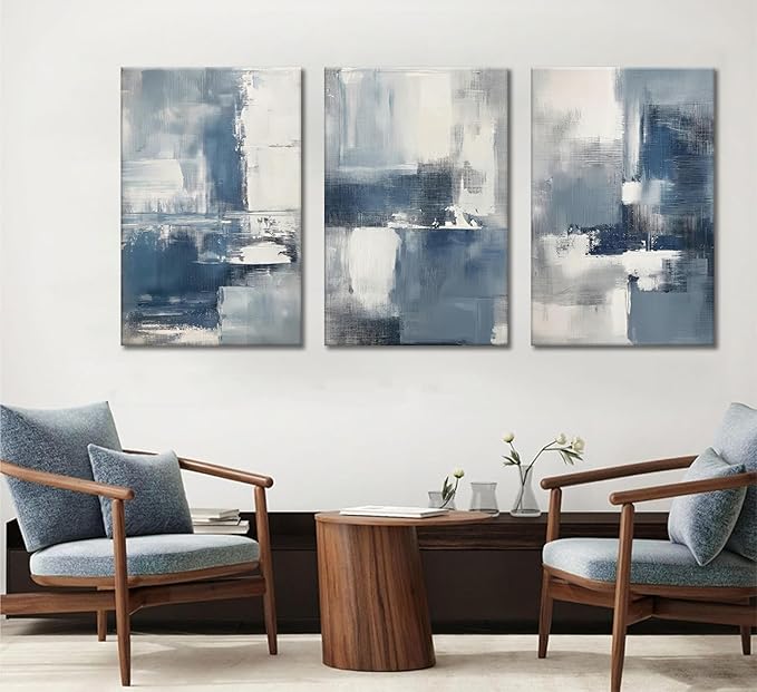 3pcs Navy Blue Abstract Canvas Wall Art Modern Minimalist Neutral Blue White Painting Picture Wall Decor Poster Print Artworks for Living Room Bedroom Office Decoration