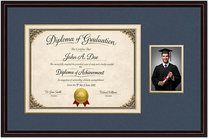 Diploma Frame With Photo Opening Executive Brown Navy Blue Over Gold Mat - Fits 17 x 13 Degree and Picture Made in the USA