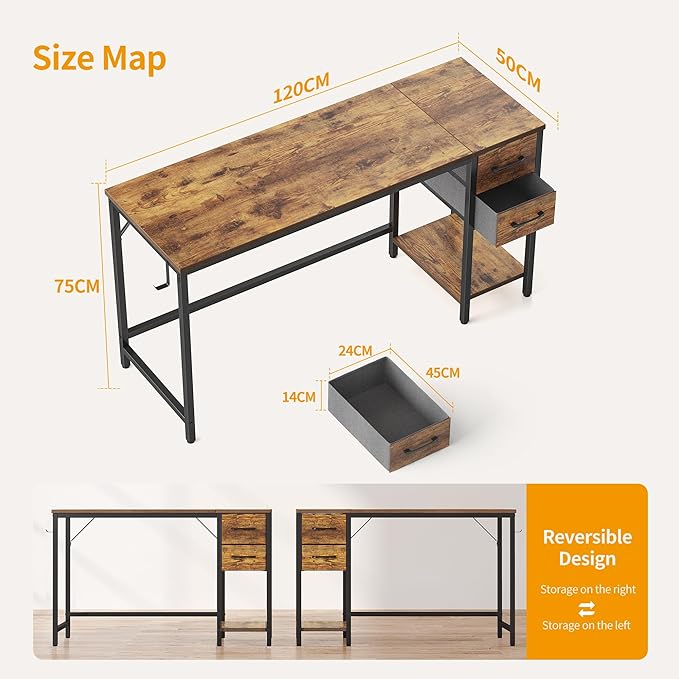 Cubiker Computer Home Office Desk with Drawers, 47 Inch Small Desk Study Writing Table, Modern Simple PC Desk, Rustic Brown